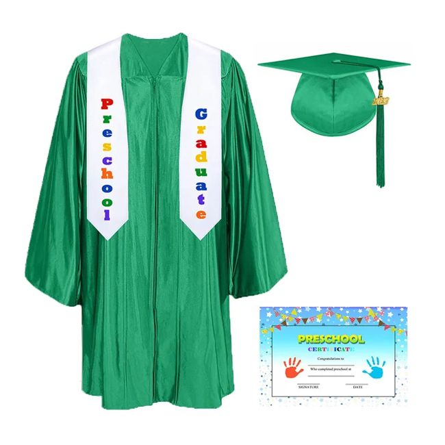 CGTCR-Shiny-Prek-EmeraldGreen EmeraldGreen Pre-K / Kindergarten Graduation Cap, Gown, Tassel and Diploma Certificate Set Shiny Finish