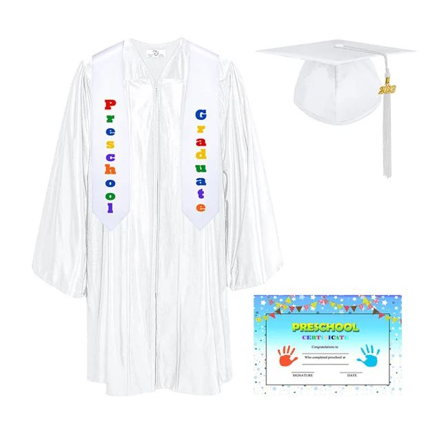 CGTCR-Shiny-Prek-White White Pre-K / Kindergarten Graduation Cap, Gown, Tassel and Diploma Certificate Set Shiny Finish