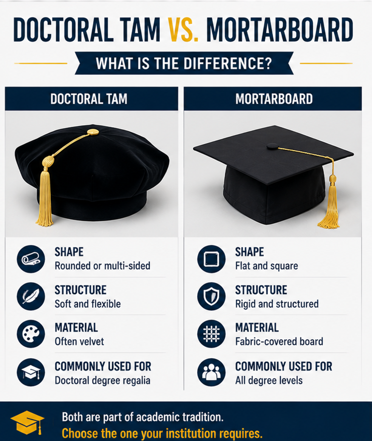 Doctoral Tam vs. Mortarboard: What Is the Difference? Doctoral velvet tam vs traditional mortarboard cap comparison - Cap and Gown Outlet
