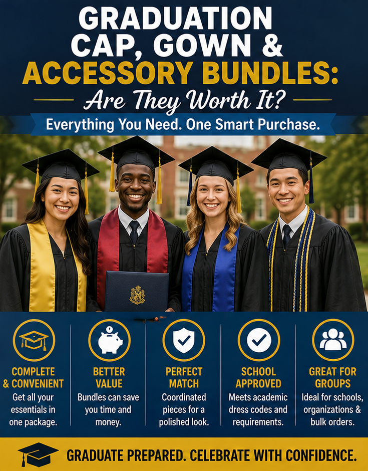 Graduation Cap, Gown and Accessory Bundles: Are They Worth It? Complete graduation cap, gown, tassel, and accessory bundle laid out on a table - Cap & Gown Outlet