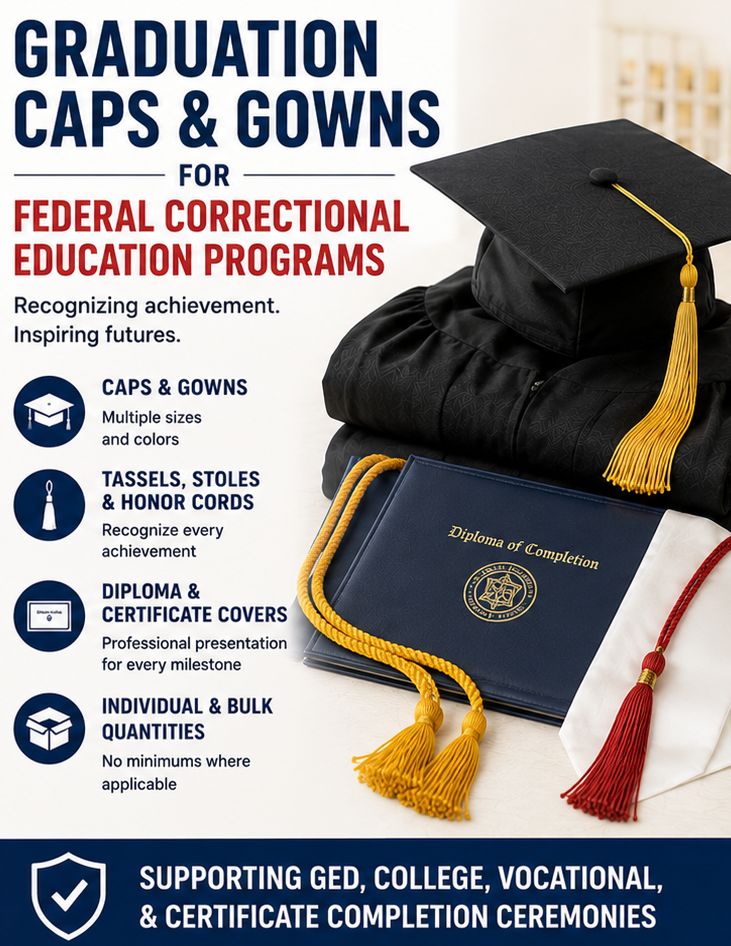 Graduation Caps and Gowns for Federal Correctional Education Programs Row of student graduates in formal graduation regalia attending a prison education program commencement - Cap & Gown Outlet