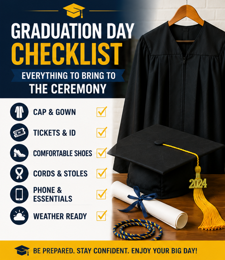 Graduation Day Checklist: Everything to Bring to the Ceremony Graduation day checklist and ceremony essentials guide by Graduation Cap and Gown Outlet