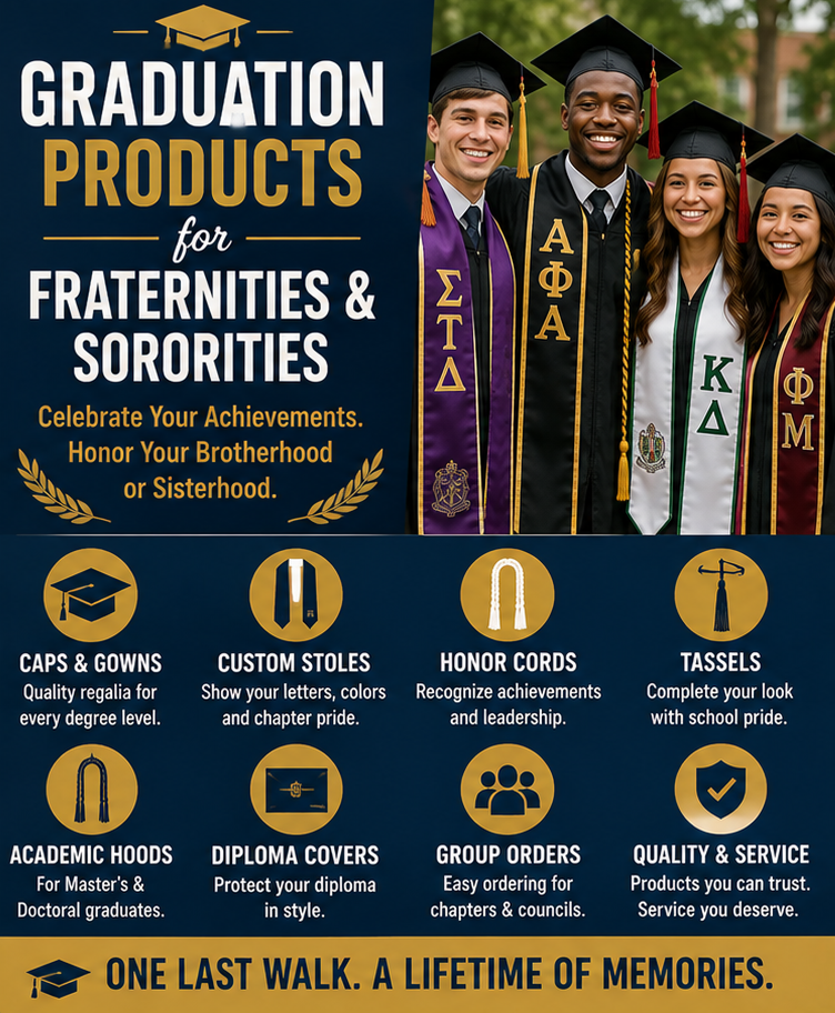 Fraternity and sorority members wearing custom Greek graduation stoles - Cap and Gown Outlet