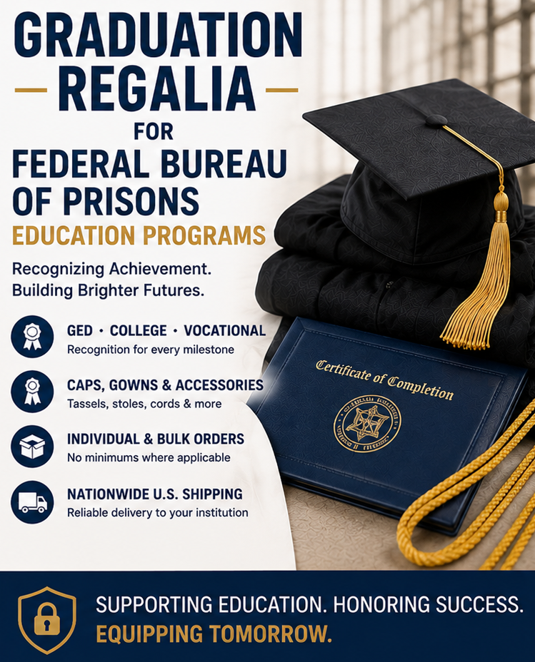 Graduates in federal correctional education program attending formal commencement wearing matte graduation regalia - Cap & Gown Outlet