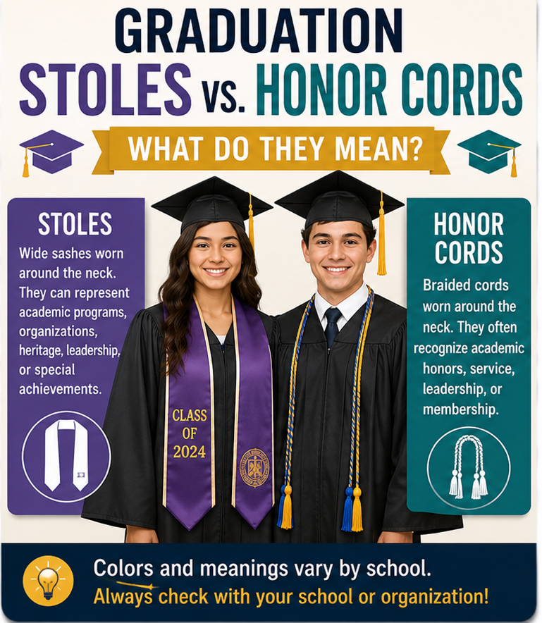 Graduation stoles vs honor cords displayed side by side - Cap and Gown Outlet