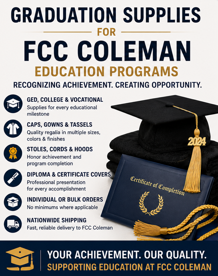 Graduation Supplies for FCC Coleman Education Programs Adult graduates attending an FCC Coleman education commencement ceremony wearing matching caps and gowns - Cap & Gown Outlet
