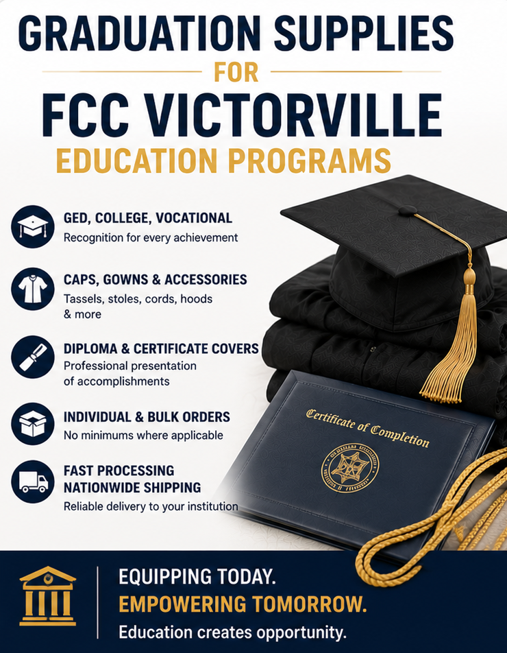 Graduation Supplies for FCC Victorville Education Programs Adult graduates seated at an FCC Victorville education commencement ceremony wearing matching caps and gowns - Cap & Gown Outlet