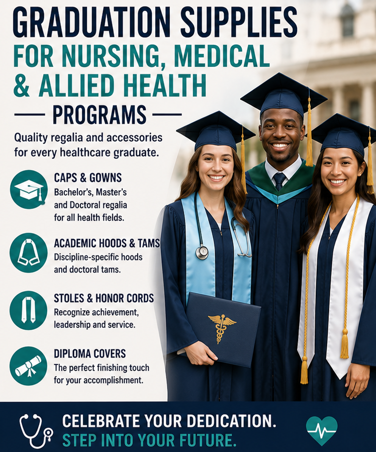 Graduation Supplies for Nursing, Medical and Allied Health Programs Nursing school graduate wearing graduation gown and traditional nursing pin - Cap and Gown Outlet
