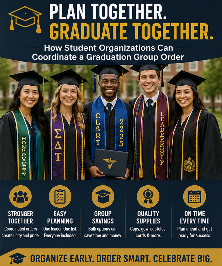 How Student Organizations Can Coordinate a Graduation Group Order Student organization leaders planning a graduation group order on campus - Cap and Gown Outlet