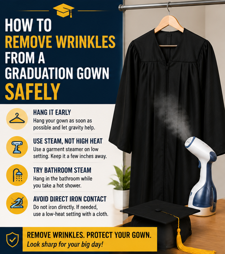 How to Remove Wrinkles from a Graduation Gown Safely How to remove wrinkles from a graduation gown safely by Graduation Cap and Gown Outlet