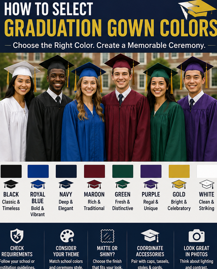 How to Select Graduation Gown Colors: A Complete Graduation Regalia Guide A group of graduates wearing various colored caps and gowns, celebrating at a commencement ceremony - Cap & Gown Outlet