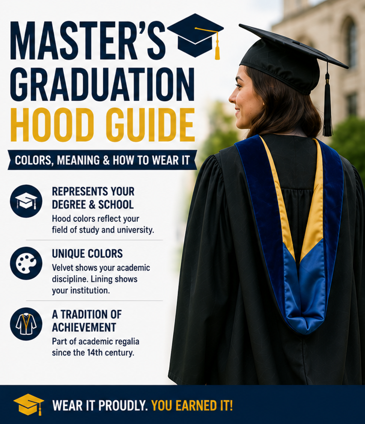 Master of Arts graduation hood draped over black gown - Cap and Gown Outlet