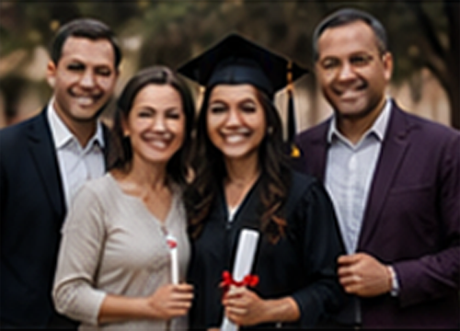 Graduate celebrating commencement day with parents in graduation cap and gown attire