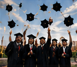 Graduates in black cap and gown tossing mortarboard caps in the air - Cap and Gown Outlet