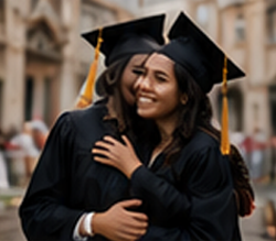 Two happy female graduates embracing in black graduation cap and gown sets - Cap and Gown Outlet