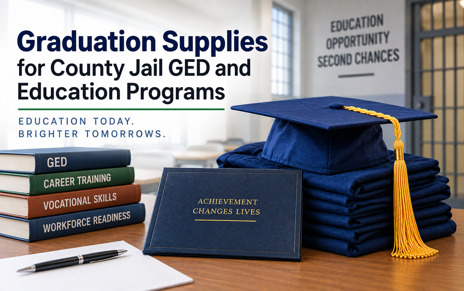 Graduation supplies for county jail GED and education programs - cap and gown outlet