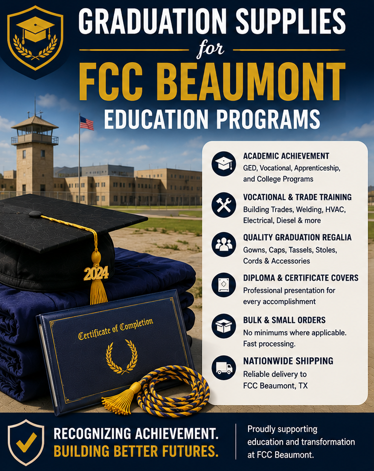 Graduation Supplies for FCC Beaumont Education Programs Cap and gown supplies for FCC Beaumont graduation programs