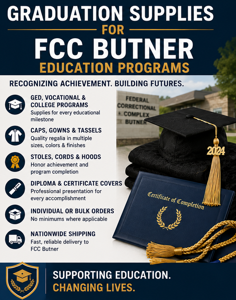 Graduation Supplies for FCC Butner Education Programs graduates attending an FCC Butner education commencement ceremony wearing matching caps and gowns - Cap & Gown Outlet