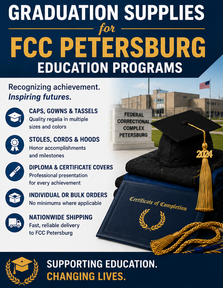 Graduation Supplies for FCC Petersburg Education Programs graduates attending an FCC Petersburg education commencement ceremony wearing matching caps and gowns - Cap & Gown Outlet