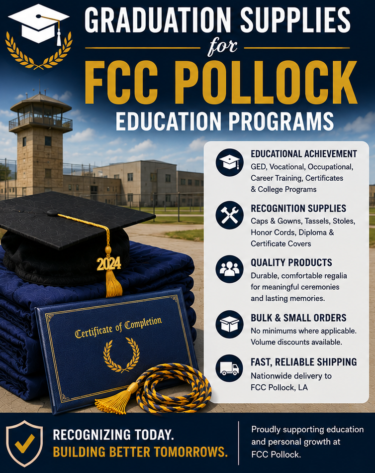 Graduation Supplies for FCC Pollock Education Programs Cap and gown supplies for FCC Pollock graduation programs - cap and gown outlet