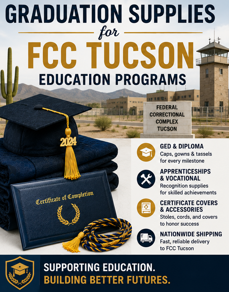 Graduation Supplies for FCC Tucson Education Programs graduates attending an FCC Tucson education commencement ceremony wearing matching caps and gowns - Cap & Gown Outlet