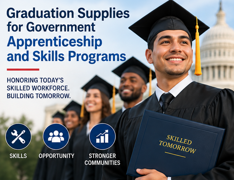 Graduation Supplies for Government Apprenticeship and Skills Programs Skills program graduates wearing graduation caps and gowns - cap and gown outlet