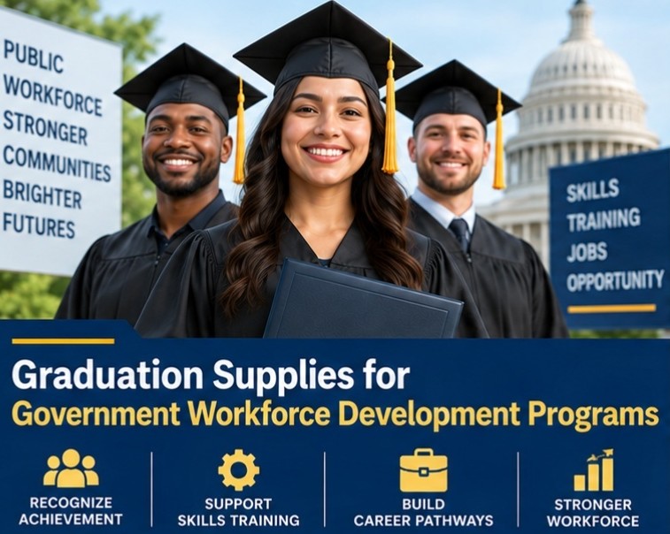 Graduation supplies for government workforce programs - cap and gown outlet