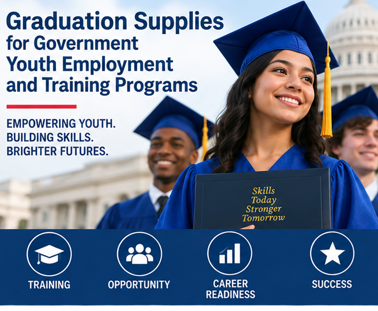 Graduation Supplies for Government Youth Employment and Training Programs Youth workforce graduates wearing graduation caps and gowns - cap and gown outlet
