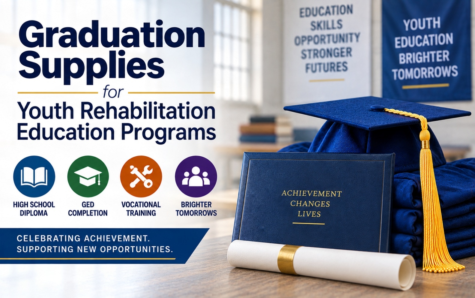 Graduation supplies for youth rehabilitation education programs - cap and gown outlet