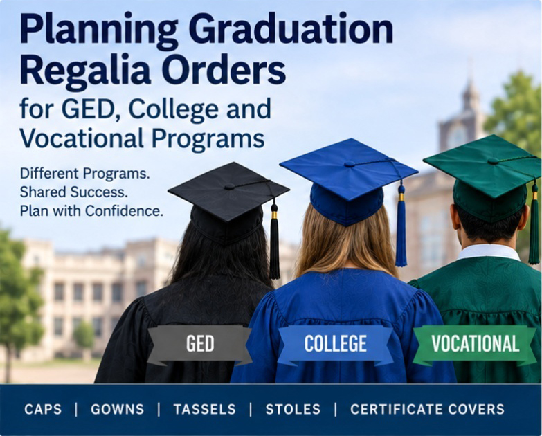 Planning Graduation Regalia Orders for GED, College and Vocational Programs Planning graduation regalia orders for GED programs - cap and gown outlet